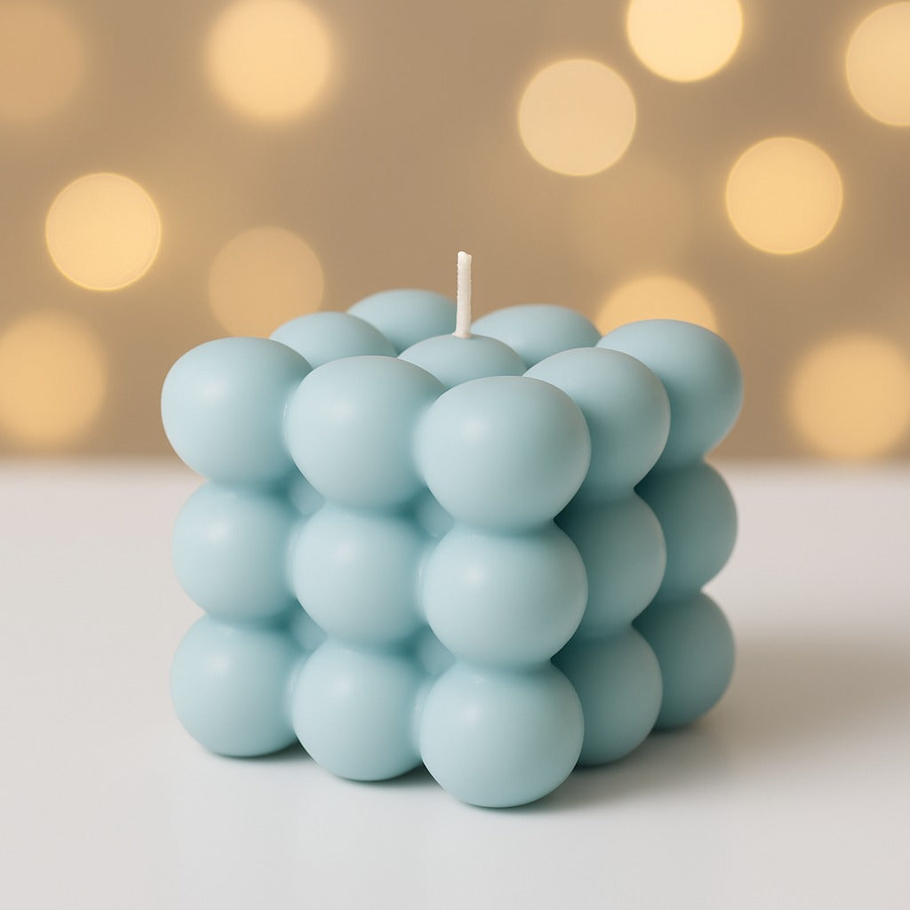Blue bubble candle on a blurred background with warm lights