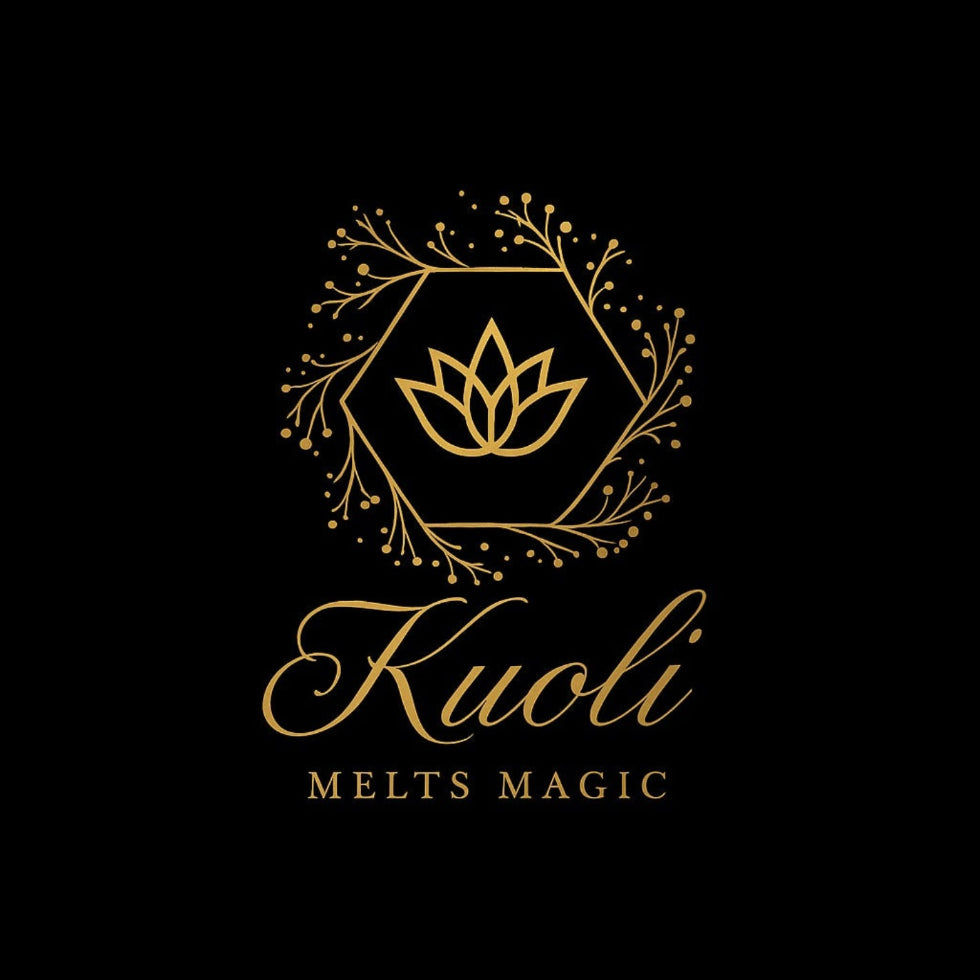 Gold logo with floral design and 'Kuoli' text on a black background